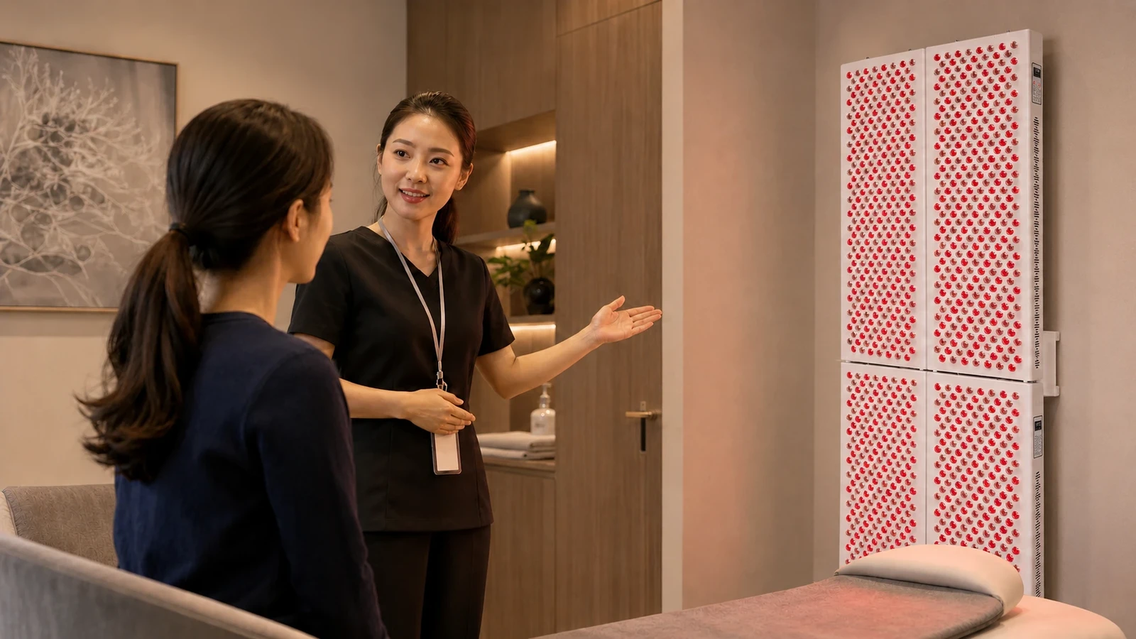 门店技师向客户讲解红光设备服务流程的场景示意