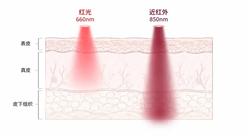 红光与近红外穿透深度对比示意图 — 660nm 850nm 区别