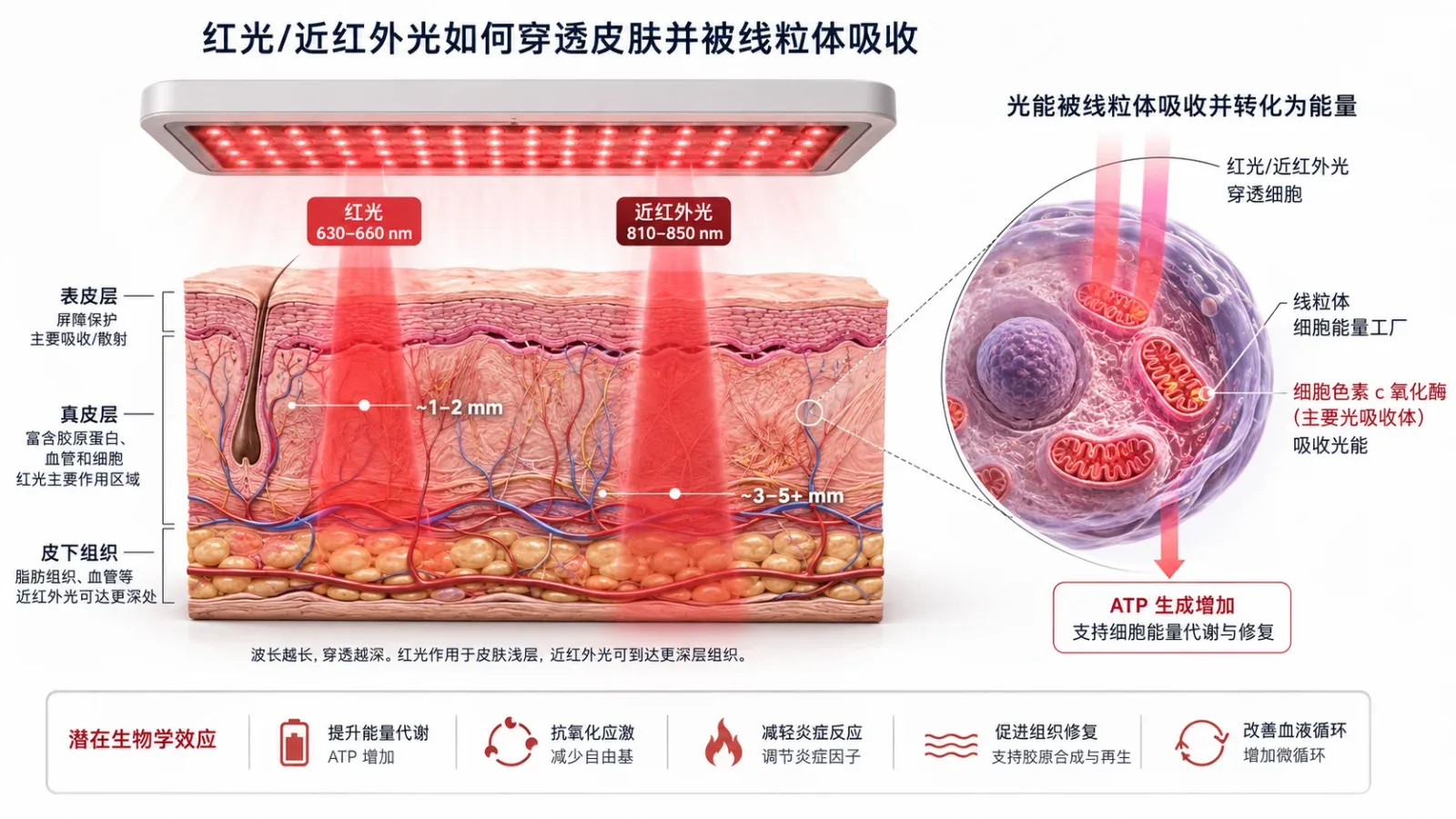 红光穿透皮肤与线粒体吸收的光路示意图 — 红光 有用吗 智商税