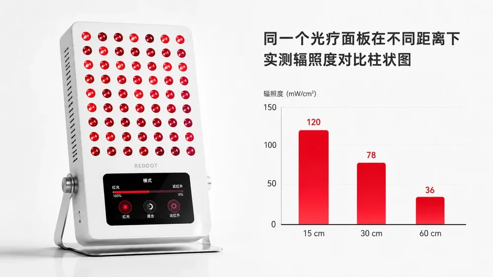 同一个光疗面板在不同距离下实测辐照度对比柱状图 — 红光 近红外 区别