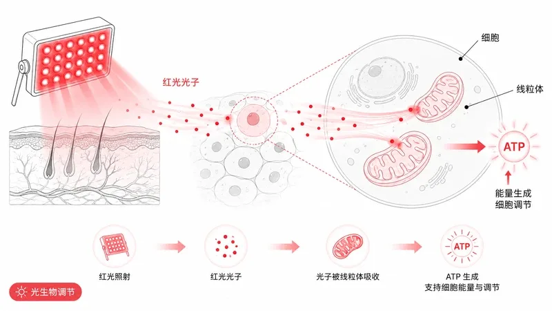 红光设备安全注意事项：光子被线粒体吸收的光生物调节示意图 — 红光设备 安全 注意事项