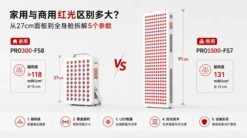 家用便携红光面板与商用大型落地式红光系统并列对比 — 家用 商用 红光区别