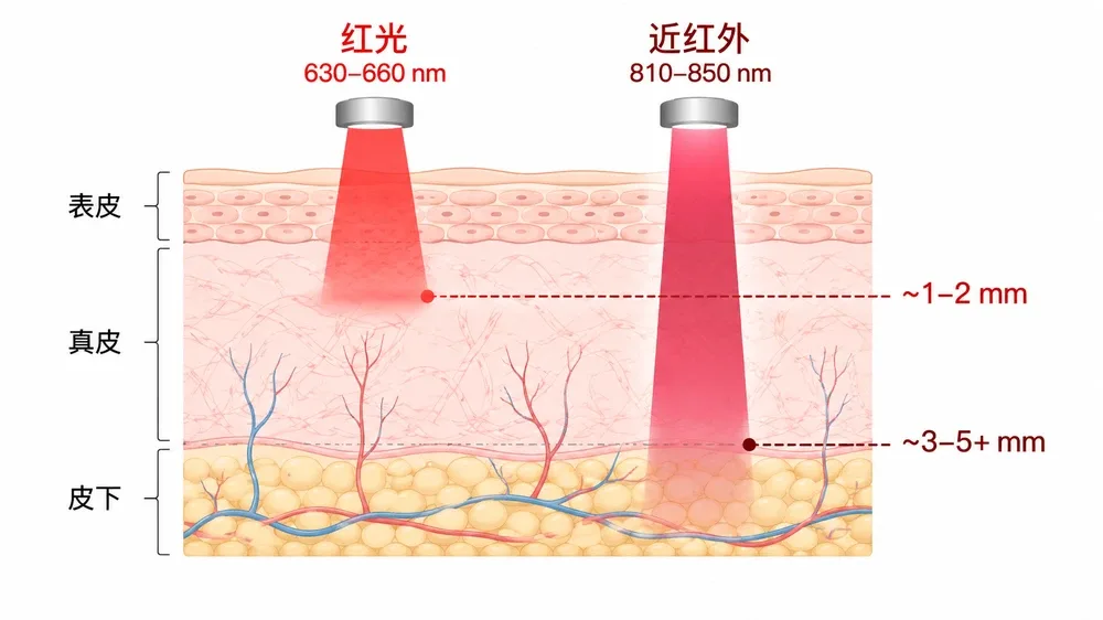 皮肤分层结构与红光近红外穿透深度对比示意图 — 红光 近红外 区别