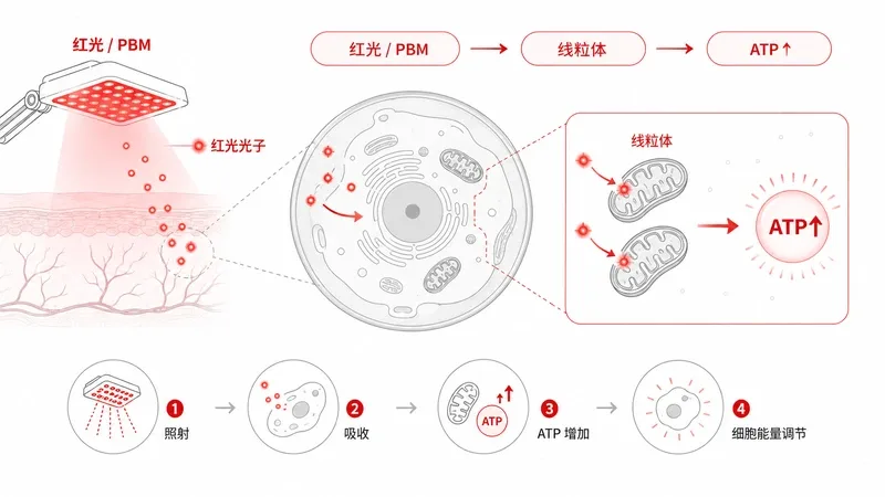 PBM过程中线粒体ATP生成示意图 — 红光原理 PBM