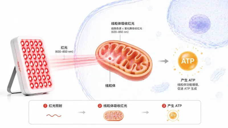 细胞线粒体吸收红光并产生ATP的过程示意图 — 红光治疗功效