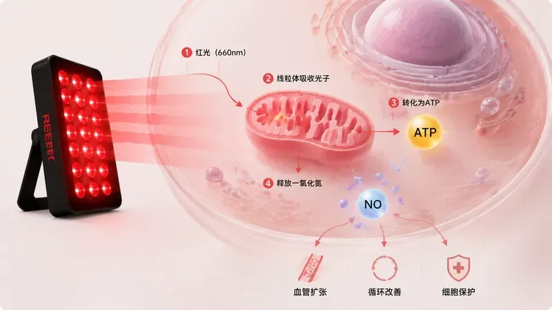 光子被线粒体吸收后转化为ATP并释放一氧化氮的细胞级示意图 — 红光治疗好处