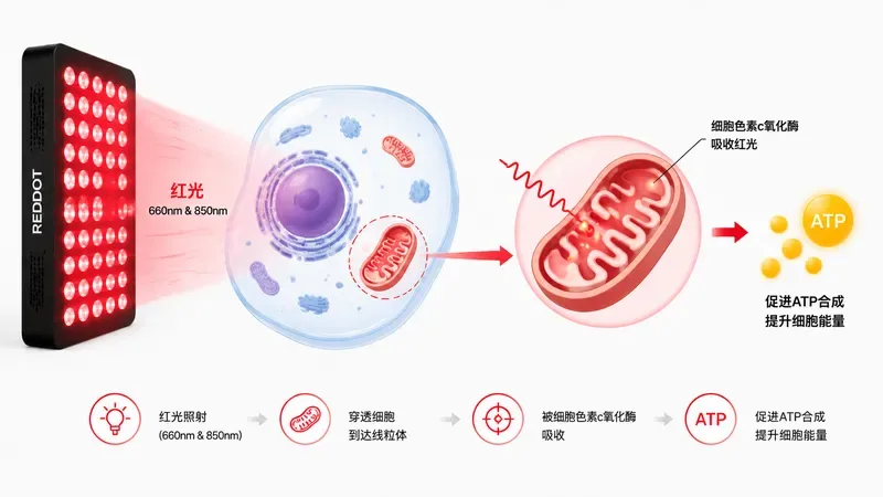 红光进入细胞线粒体并激活ATP合成的示意图 — 红光治疗英文
