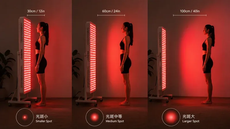 一个人在不同距离使用红光面板进行全身照射,距离和光斑大小形成对比 — 红光治疗
