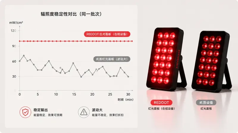 同一批次红光面板的辐照度稳定性曲线,合规设备保持平稳,劣质设备波动剧烈 — 红光治疗好处