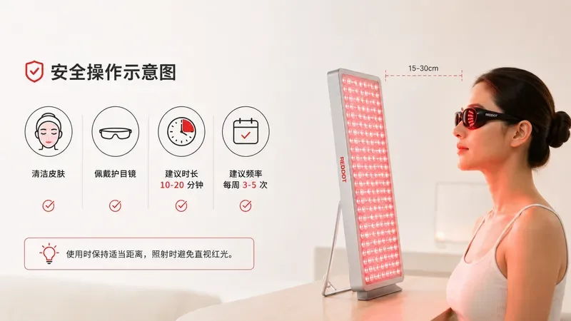 用户正确使用红光设备照射脸部的安全操作示意图 — 红光疗法