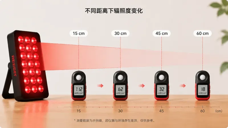 红光治疗辐照度测量示意图,显示不同距离下mW/cm²衰减变化 — 红光治疗好处