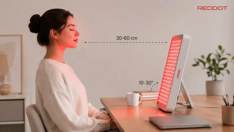 用户使用T1 Desktop Panel的桌面场景,显示正确的照射距离和角度 — 红光疗法