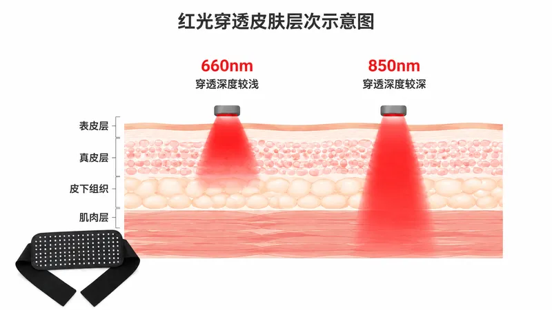 红光穿透皮肤层次示意图,标注660nm和850nm的不同穿透深度 — red light therapy belt reviews