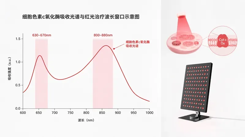 细胞色素c氧化酶吸收光谱与红光治疗波长窗口示意图