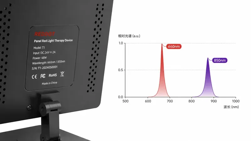 T1 Desktop Panel产品铭牌特写及660nm/850nm双波长光谱测试图 — 近视红光治疗