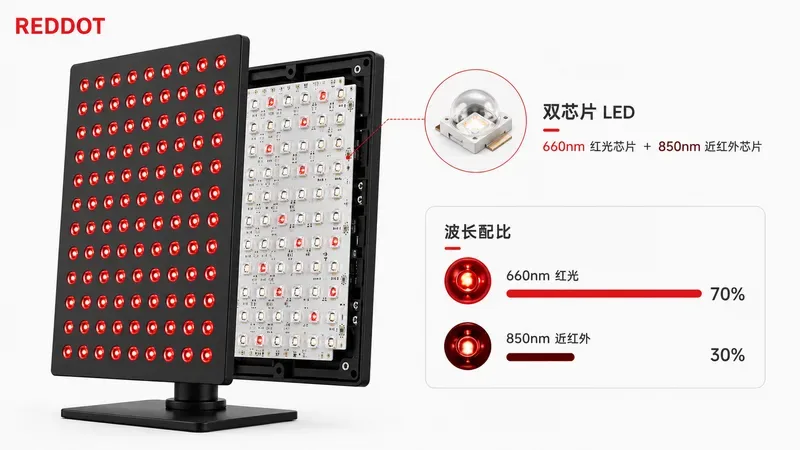 T1桌面面板内部LED阵列结构与波长配比标注图 — 红光治疗仪