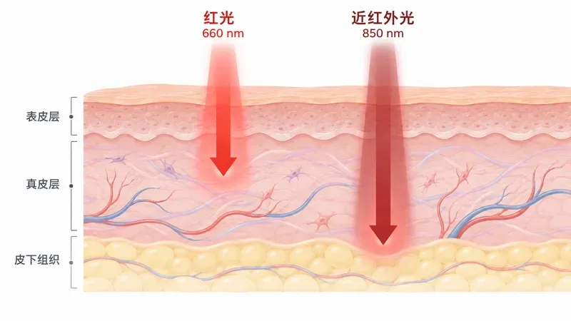 红光与近红外光穿透皮肤表皮层与真皮层的剖面示意图 — 红光皮肤