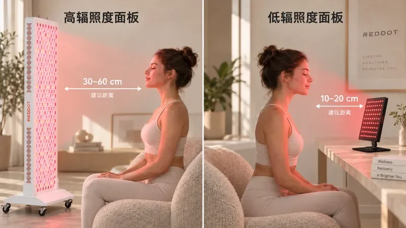 不同辐照度面板的安全使用距离对比图 — 红光副作用