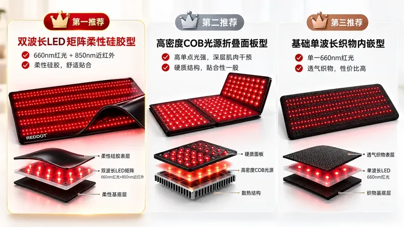 三种红光治疗垫材质结构并排对比