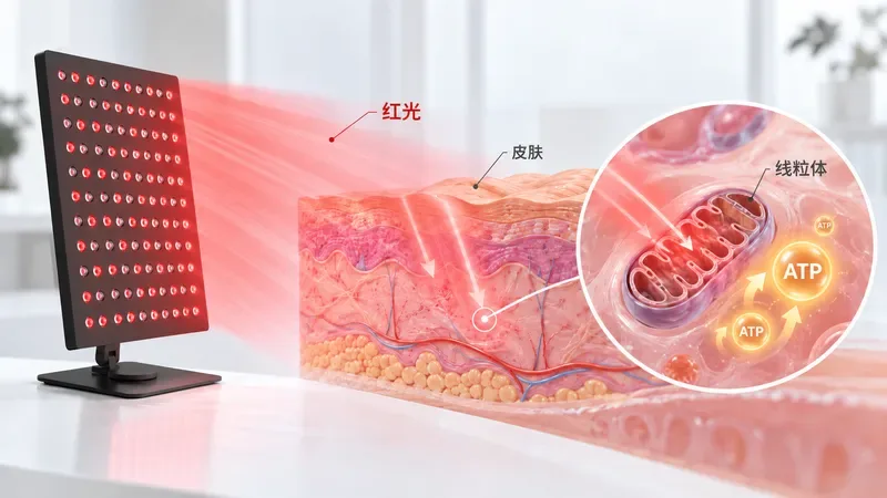 红光穿透皮肤作用于线粒体示意图 — 红光副作用