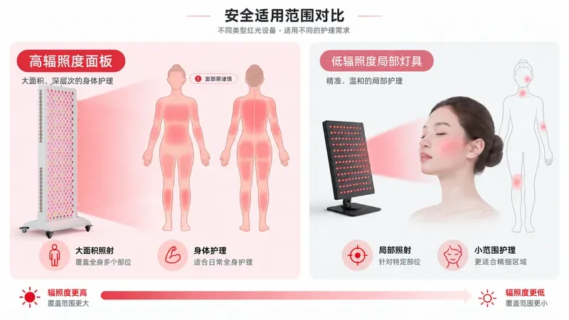 高辐照度面板与低辐照度局部灯具的安全适用范围对比图 — 红光皮肤