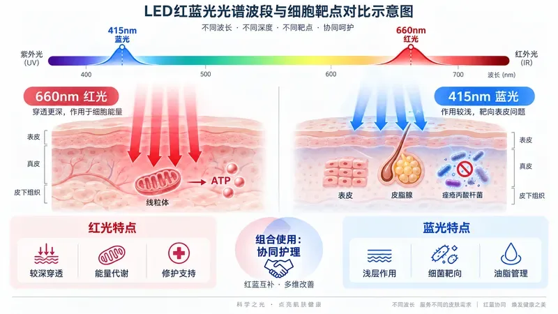 led红蓝光光谱波段与细胞靶点对比示意图