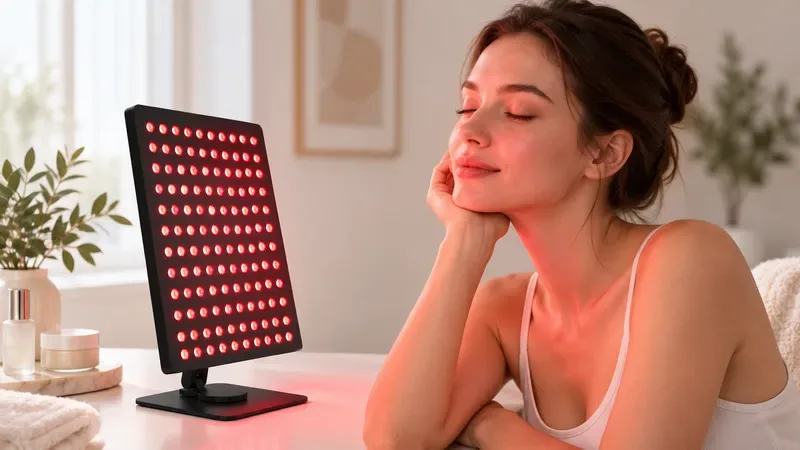 led红光美容设备发出的红光照亮面部皮肤的示意图
