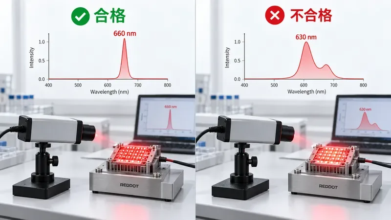 合格与不合格LED模组的光谱对比测试图展示波长差异 — led红光副作用
