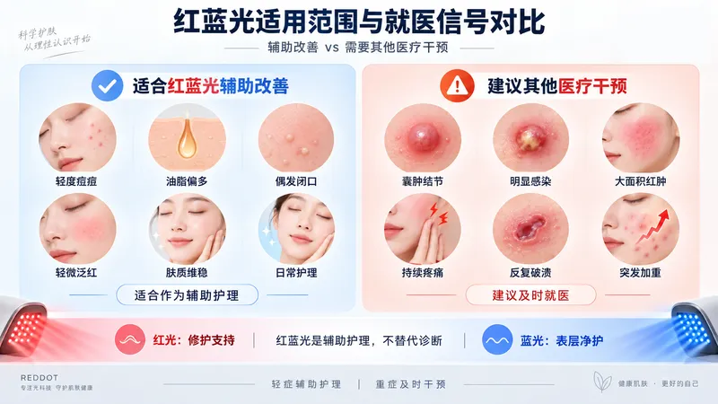 适用红蓝光改善的皮肤状态与需要其他医疗干预的症状对比图表 — led红蓝光