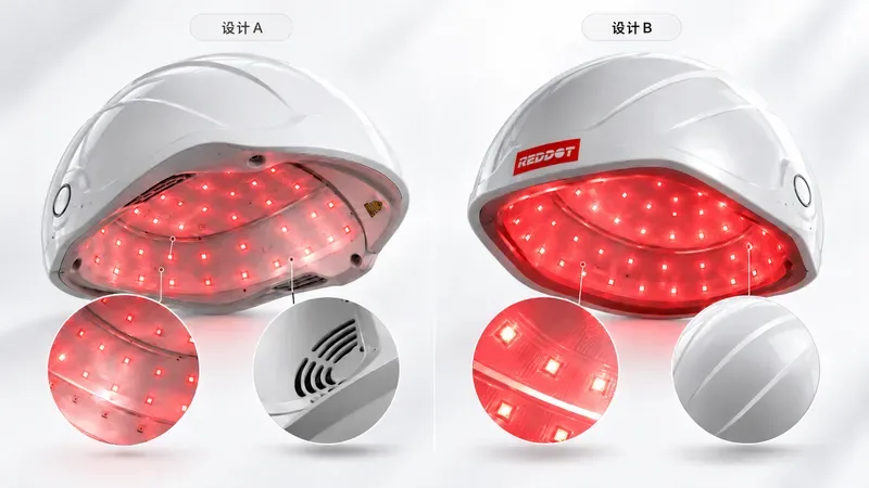 两种不同内部结构与外观设计的红光治疗帽对比展示图