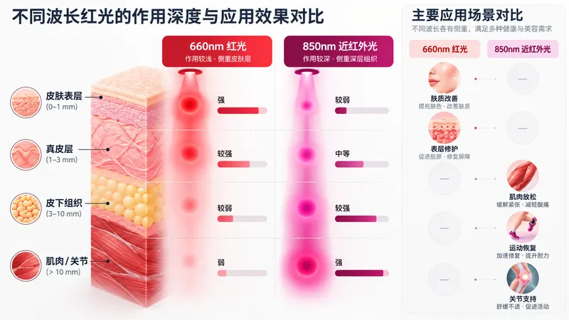 红光理疗在不同组织深度与应用场景的有效性对比图表
