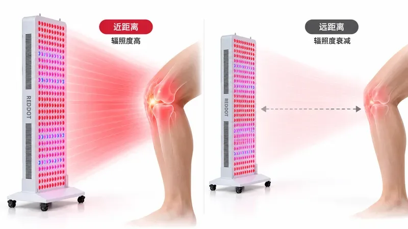 平板光源远距离照射膝盖导致辐照度衰减示意图 — 红光治疗膝盖